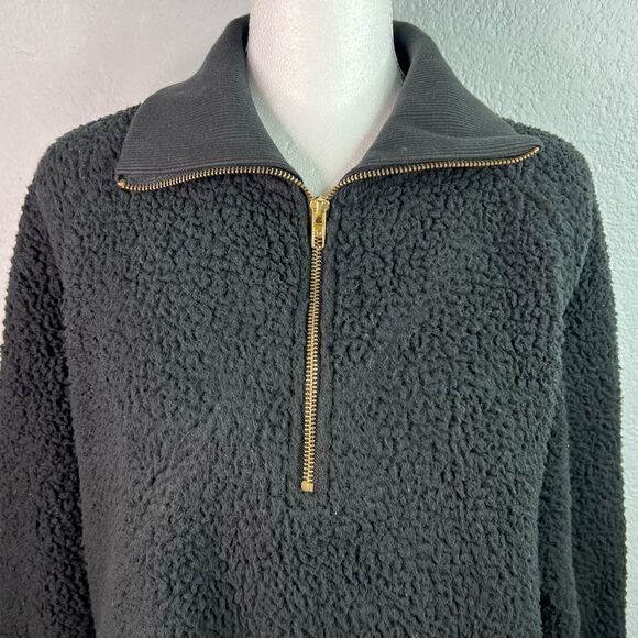 PINK Victoria Secret Sherpa Fleece Pullover 3/4 Zip Crop Black Sweater  Sz L - Picture 4 of 10